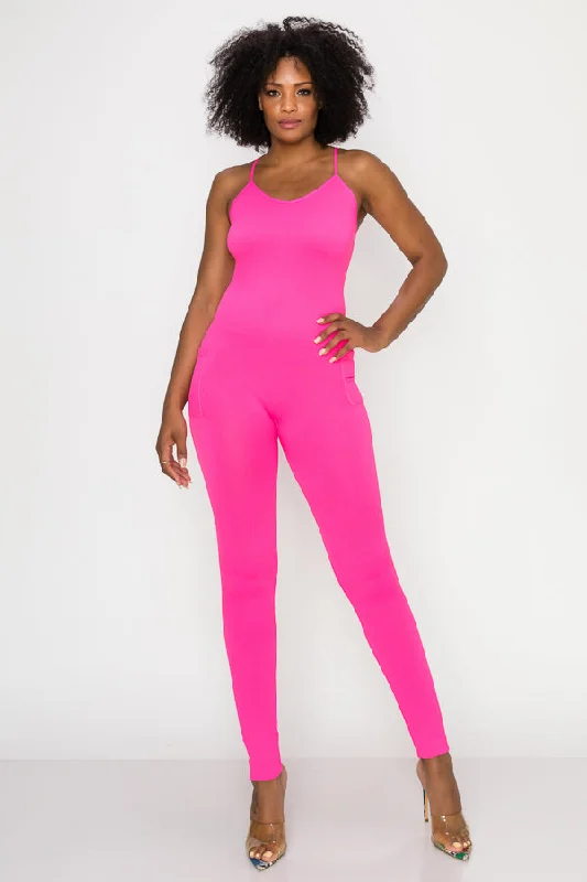 Solid Basic Jumpsuit-Fuchsia Hip Women's Retro