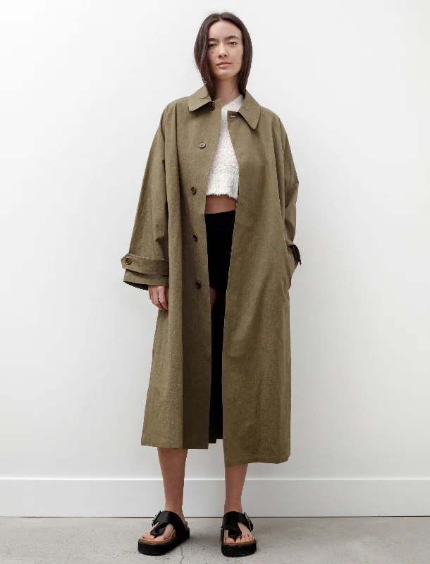 Oversized Trench Coat Cotton Linen Dark Olive