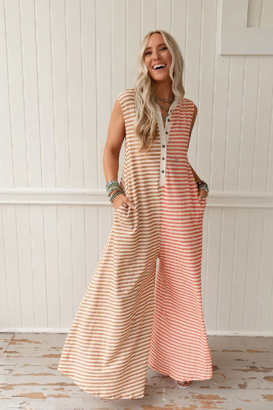 Daphne Striped Wide Leg Jumpsuit - Coral Multi