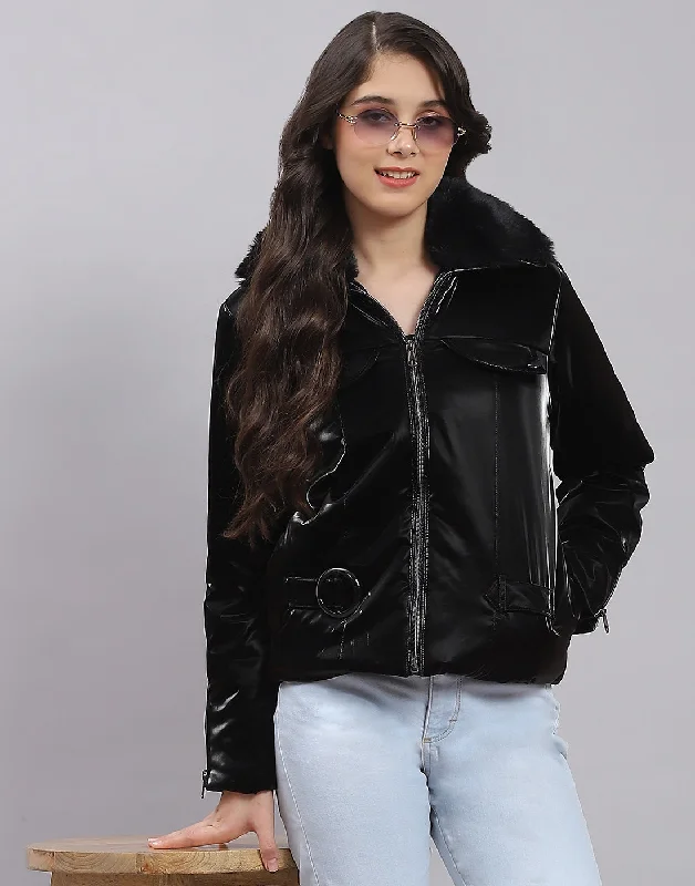 Girls Black Solid Collar Full Sleeve Girls Jacket Sleek Women's Metallic