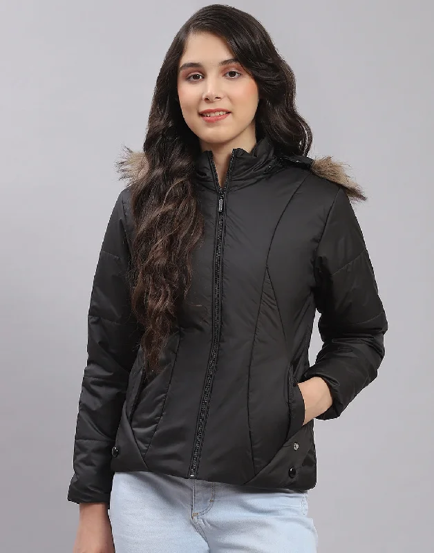 Girls Black Solid Hooded Full Sleeve Girls Jacket Refined Women's Velvet