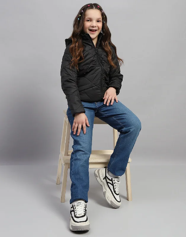 Girls Black Solid Hooded Full Sleeve Jacket Monochromatic Office Style
