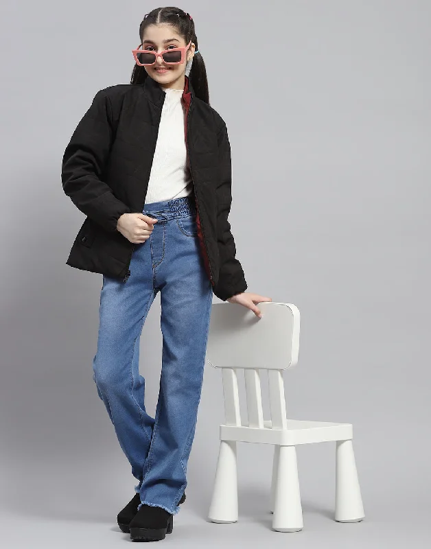 Girls Black Solid Stand Collar Full Sleeve Reversible Jacket European