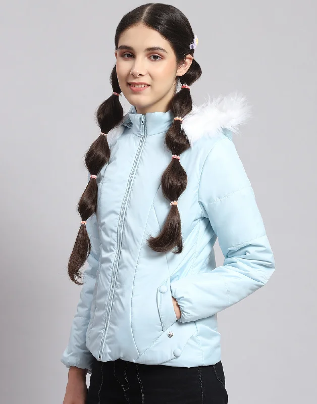 Girls Blue Solid Hooded Full Sleeve Girls Jacket Relaxed Women's Beachy