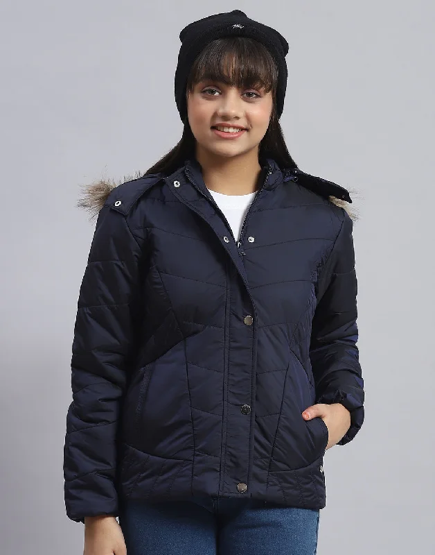Girls Navy Blue Solid Hooded Full Sleeve Girls Jacket Disco