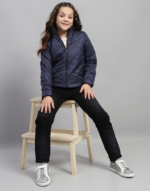 Girls Navy Blue Solid Hooded Full Sleeve Jacket Artistic Women's Avant - 