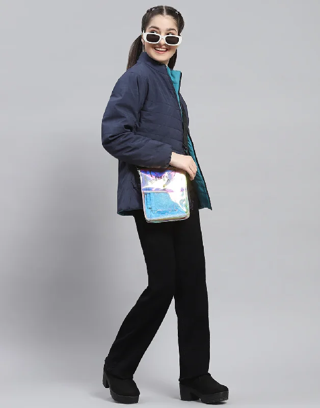 Girls Navy Blue Solid Stand Collar Full Sleeve Reversible Jacket Refined Women's 