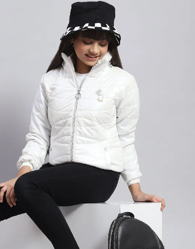 Girls Off White Solid Stand Collar Full Sleeve Girls Jacket Stylish Women's Neon