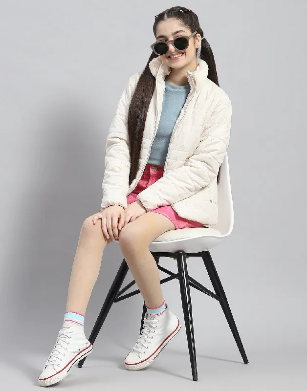 Girls Off White Solid Stand Collar Full Sleeve Girls Jacket Dapper Women's 1920S