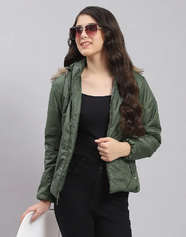 Girls Olive Solid Hooded Full Sleeve Girls Jacket Earthy Women's Hemp - based