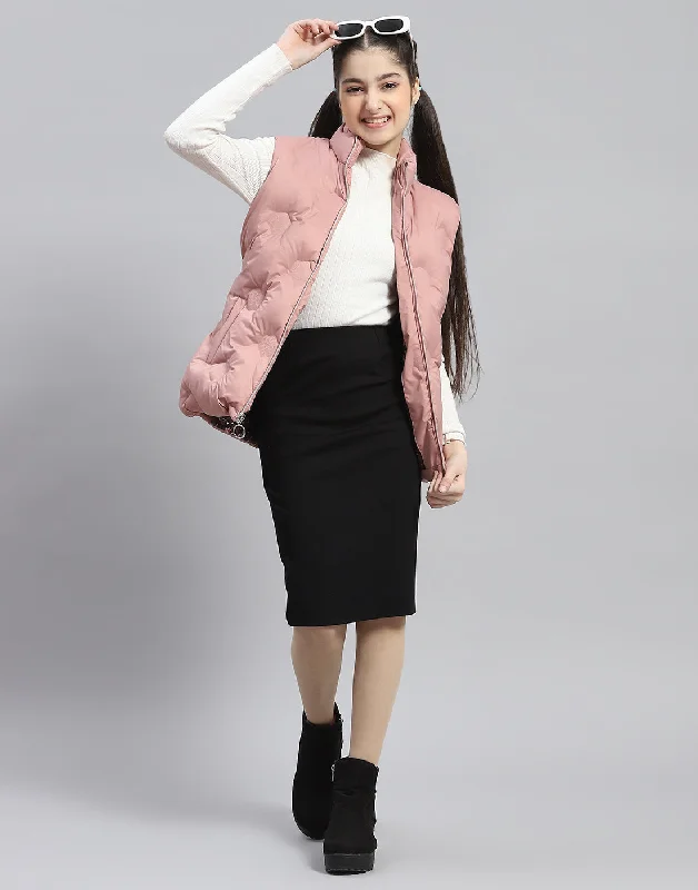 Girls Peach Solid Stand Collar Sleeveless Girls Jacket Cozy Women's Winter