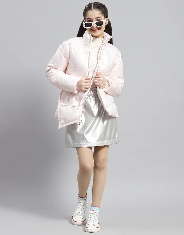Girls Pink Embroidered Stand Collar Full Sleeve Girls Jacket Classic Women's Tweed