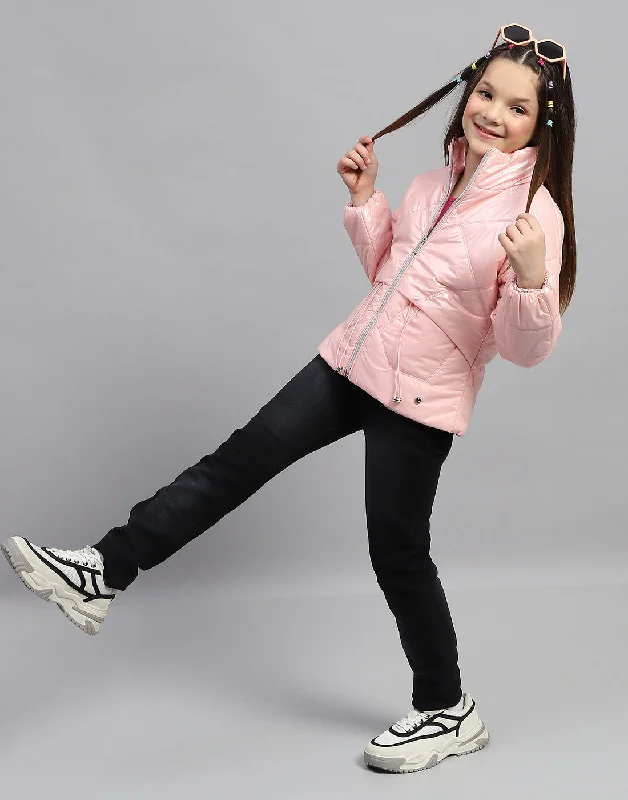 Girls Pink Solid High Neck Full Sleeve Jacket Vacation