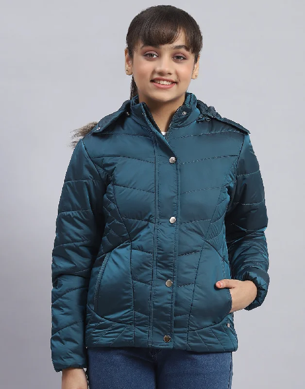 Girls Teal Blue Solid Hooded Full Sleeve Girls Jacket Minimalist Women's Casual
