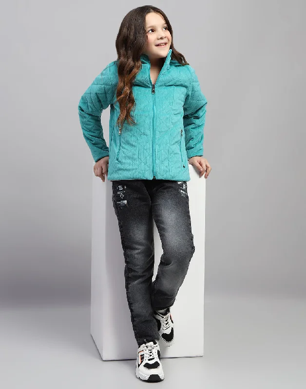 Girls Teal Blue Solid Mock Neck Full Sleeve Jacket Traditional Women's 