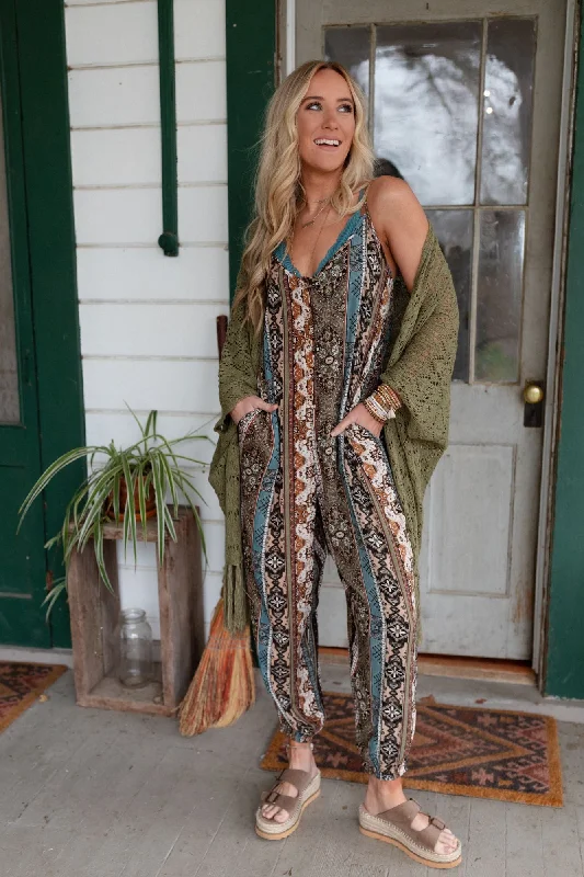 The Nest Hanging Gardens Button Up Jumpsuit - Olive Teal