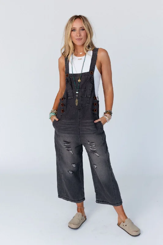 High Hopes Slouchy Pocket Denim Overalls - Black Pockets