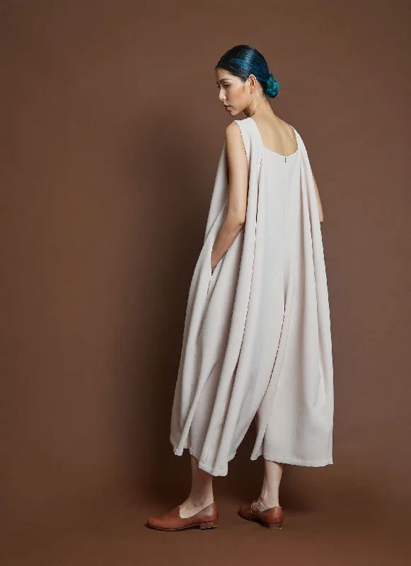 Hoya Pleated 8-Panel Pocket Onesie - Light Cream Casual Women's Loose - fitting