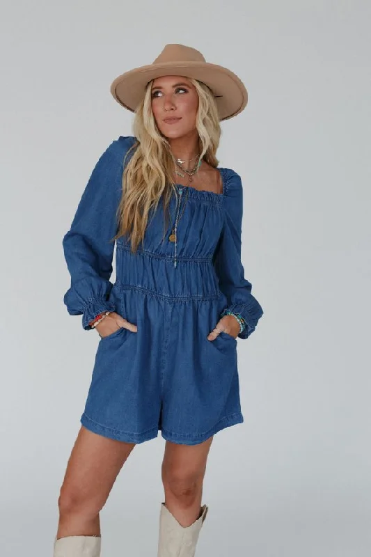 Indigo Breeze Smocked Romper - Blue Monochromatic All - in - one