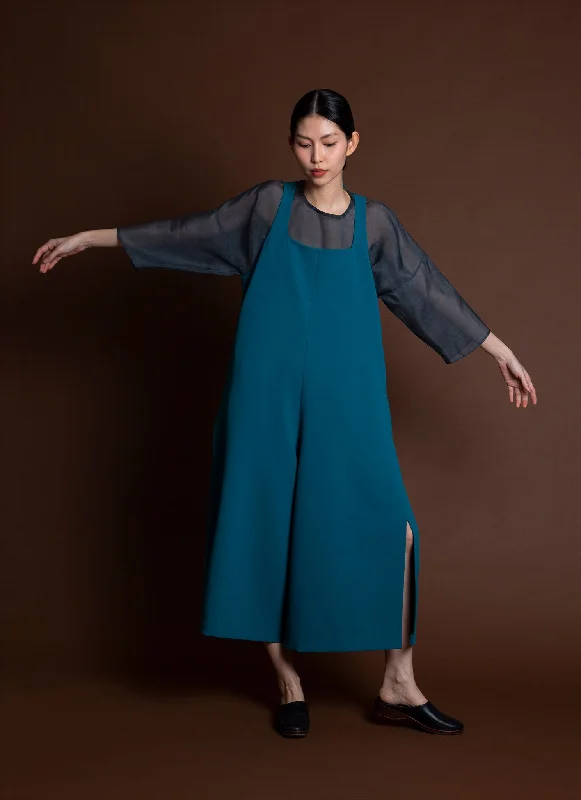 Meristem Sleeveless Square Split Leg Pocket Onesie - Cyan Blue Refined Women's 