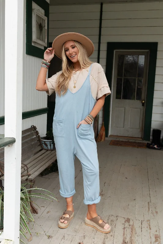 Mitzy V Neck Jumpsuit - Blue Traditional Women's 