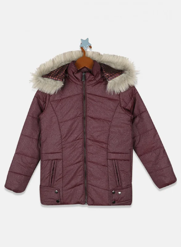 Girls Maroon Solid Jacket Scandinavian
