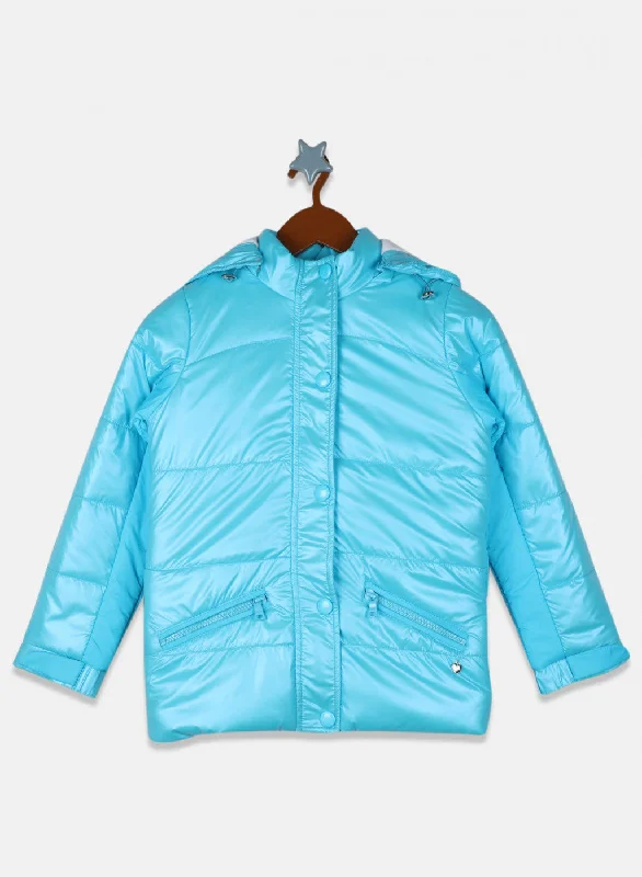 Girls Sky Blue Solid Jacket Country