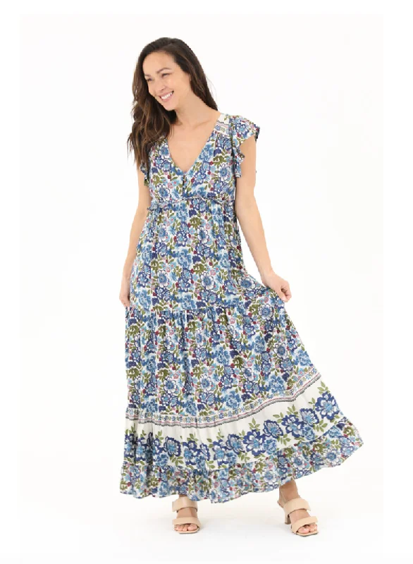 Blue and Green Floral Maxi Feminine Women's Style 