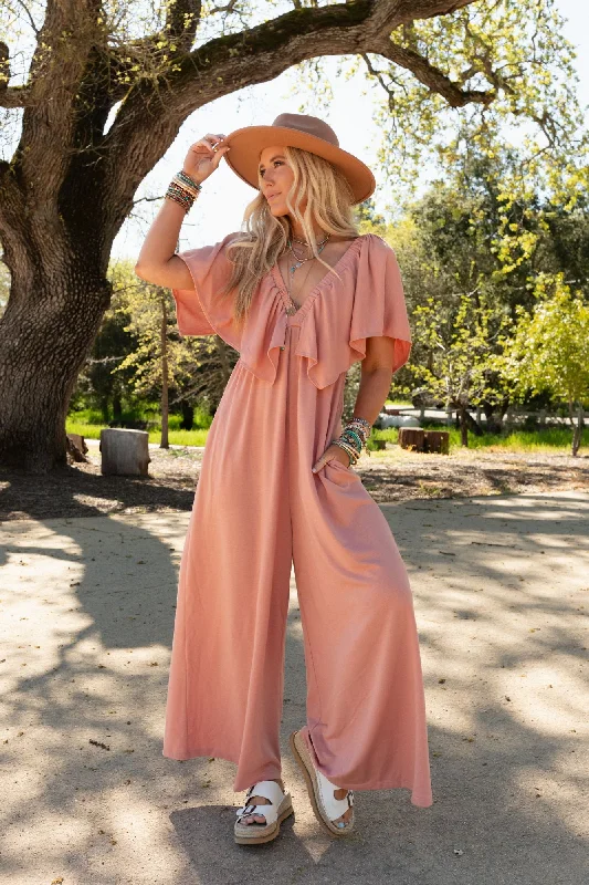 The Nest On Repeat Open Back Ruffle Jumpsuit - Shadow Blush