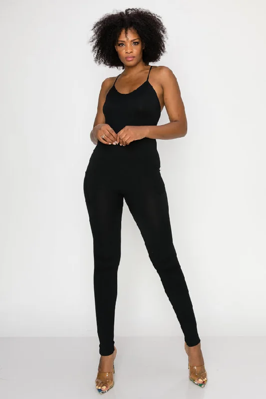Solid Basic Jumpsuit-Black Polished Women's Silk