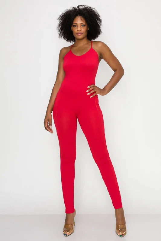 Solid Basic Jumpsuit-Red Geometric