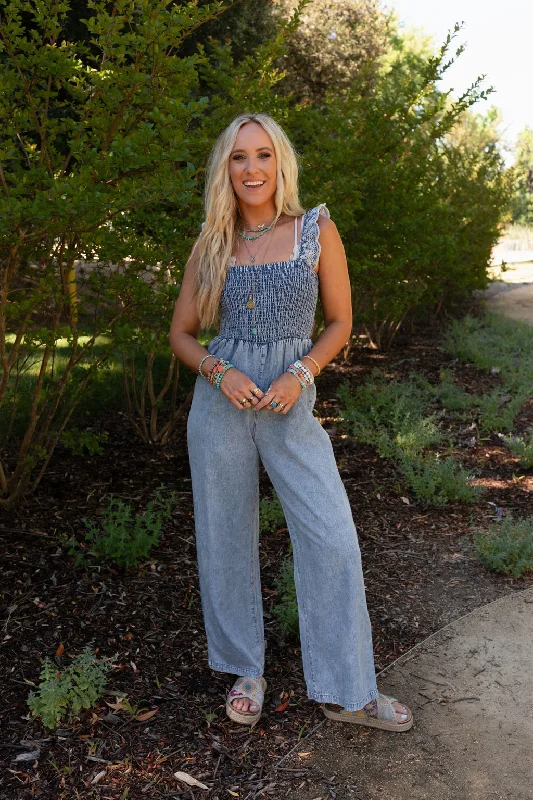 Sunset Soiree Eyelet Denim Jumpsuit - Denim Tough Women's Military - inspired