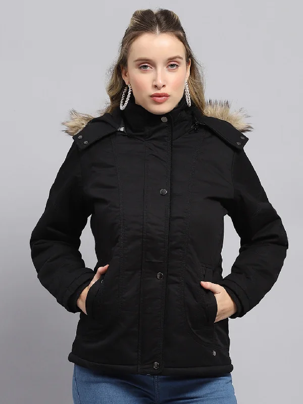 Women Black Solid Detachable Hood Full Sleeve Jacket Monochromatic All - in - one