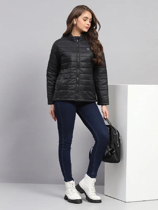 Women Black Solid Mock Neck Full Sleeve Jacket Bold Women's Animal Print