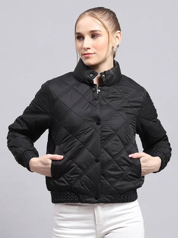 Women Black Solid Mock Neck Full Sleeve Jacket Unique Women's Upcycled