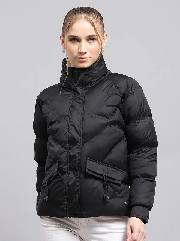 Women Black Solid Mock Neck Full Sleeve Jacket Sustainable Organic