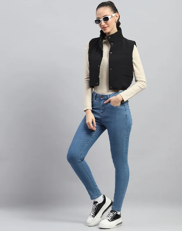 Women Black Solid Mock Neck Sleeveless Jacket Compression