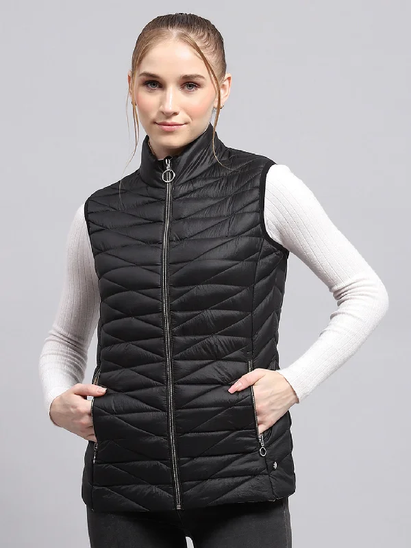 Women Black Solid Mock Neck Sleeveless Jacket Feminine Women's Soft 