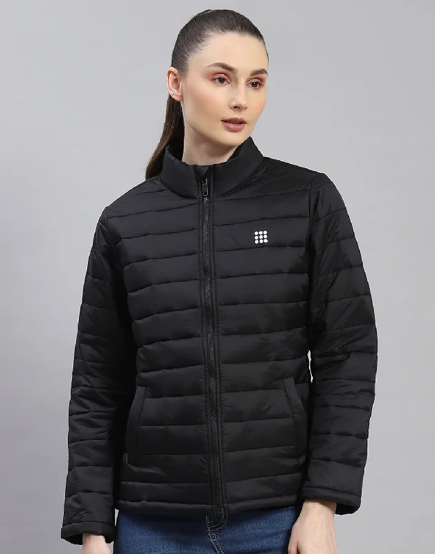 Women Black Solid Stand Collar Full Sleeve Jacket Refined Women's Hand - crafted