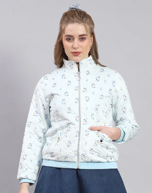 Women Blue Printed Stand Collar Full Sleeve Jacket Sharp Women's Italian