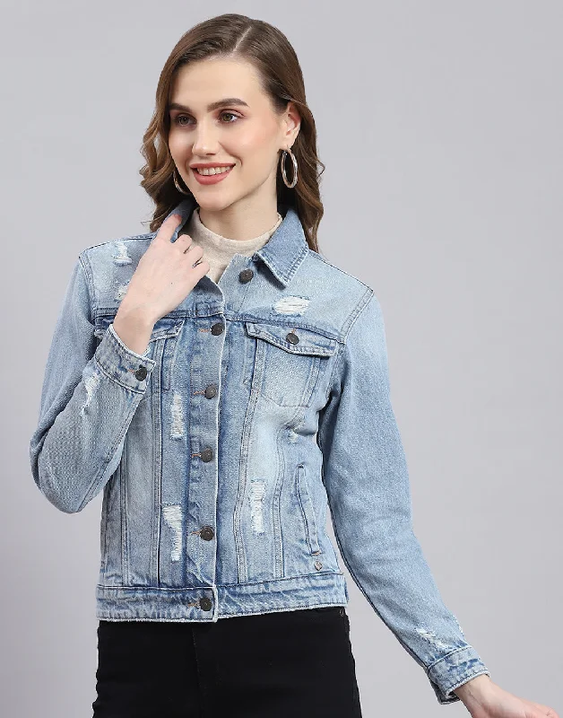 Women Blue Solid Collar Full Sleeve Jacket Edgy Women's Punk