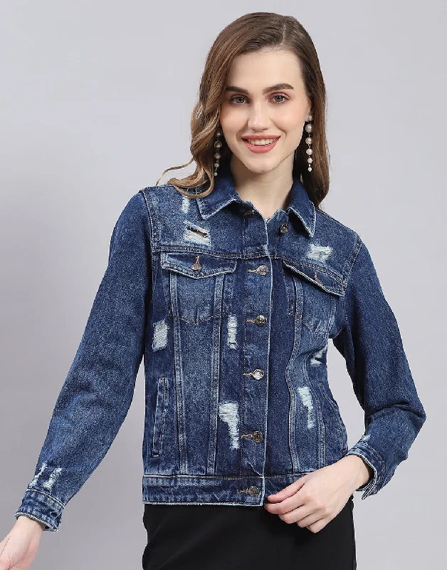 Women Blue Solid Collar Full Sleeve Jacket Gym