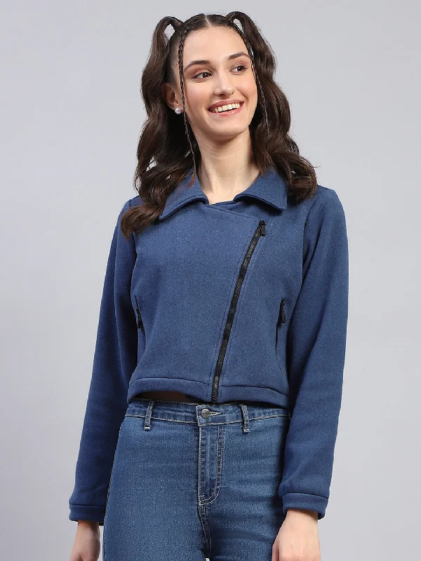 Women Blue Solid Collar Full Sleeve Jacket Trendy Women's Oversized
