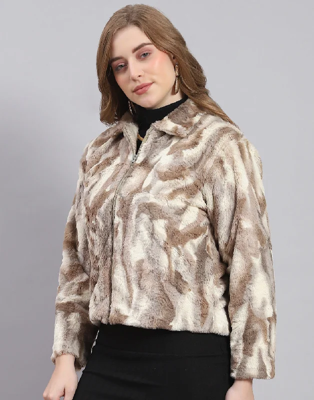 Women Brown Printed Stand Collar Full Sleeve Jacket Scandinavian