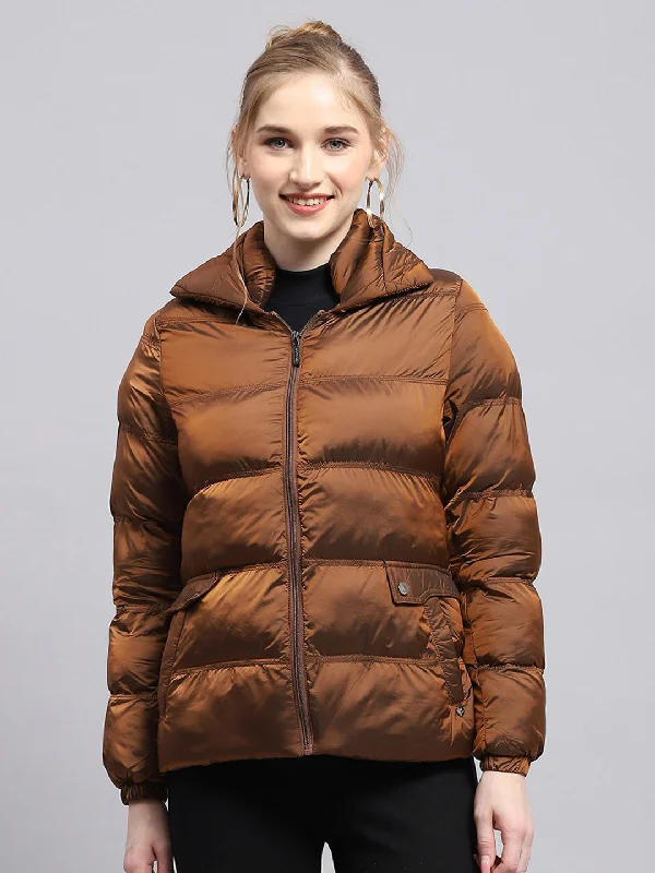 Women Brown Solid Mock Neck Full Sleeve Jacket Cozy Women's Winter