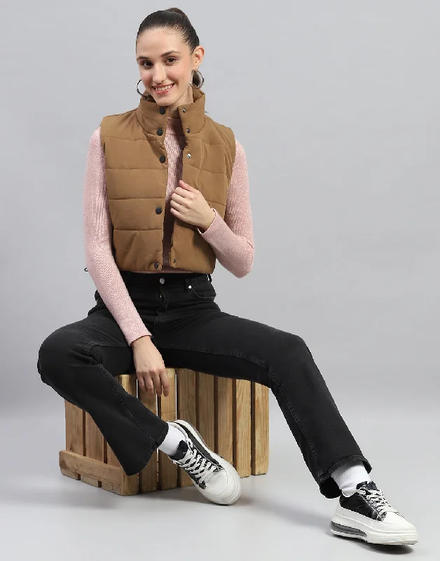 Women Brown Solid Mock Neck Sleeveless Jacket Athletic Women's 