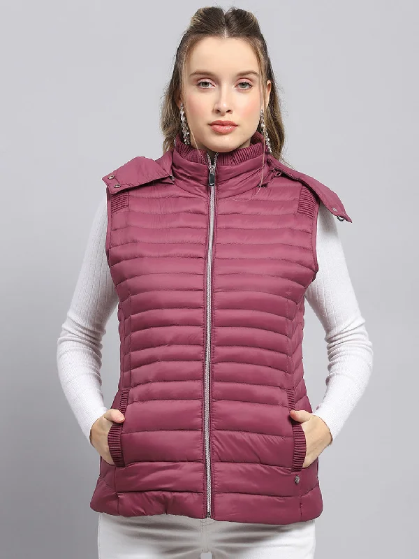 Women Burgundy Solid Detachable Hood Sleeveless Jacket Trendy Women's Oversized