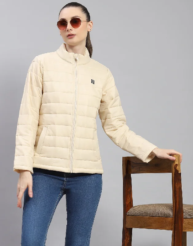 Women Cream Solid Stand Collar Full Sleeve Jacket Monochromatic All - in - one