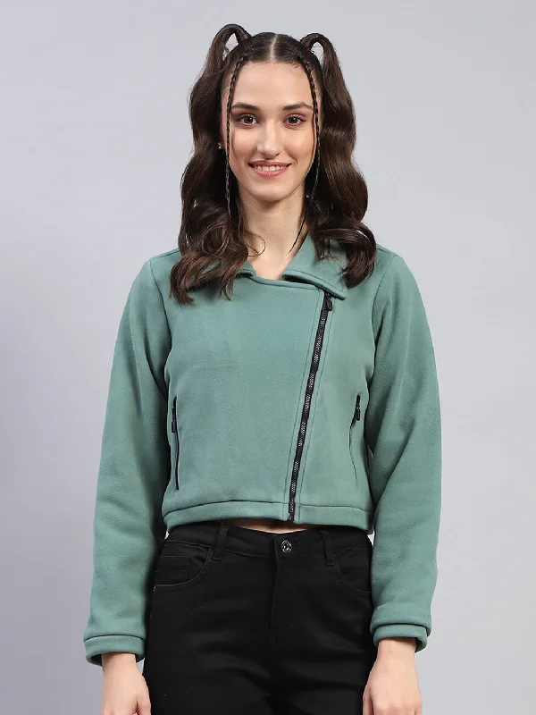 Women Green Solid Collar Full Sleeve Jacket Polished Women's Silk