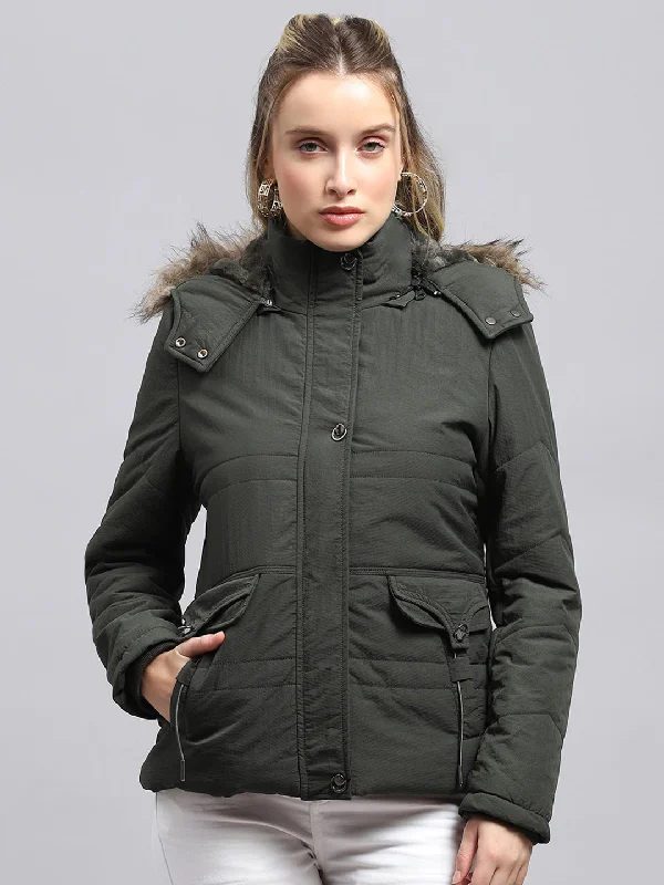 Women Green Solid Detachable Hood Full Sleeve Jacket Dapper Women's 1920S